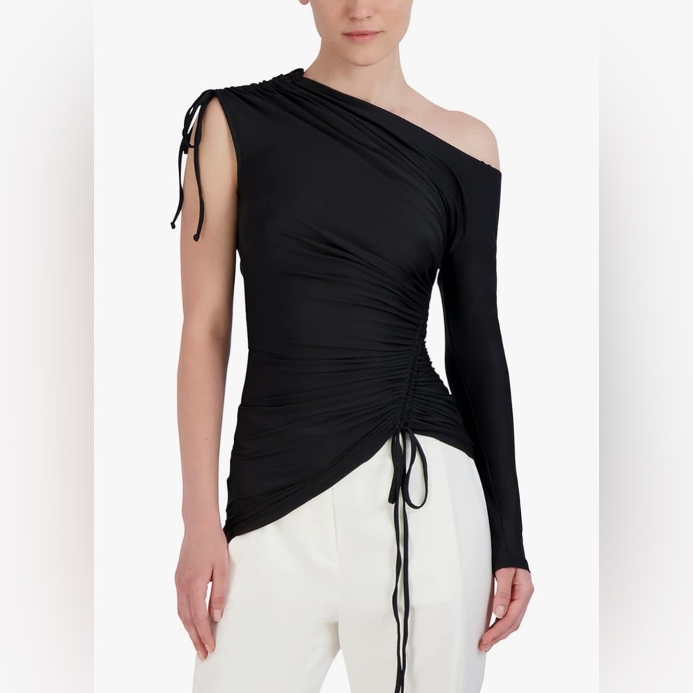 BCBGMAXAZRIA 2VX3T22 Lg Sleeve Fitted Bodycon Asymmetrical Neck Drawstring NWT